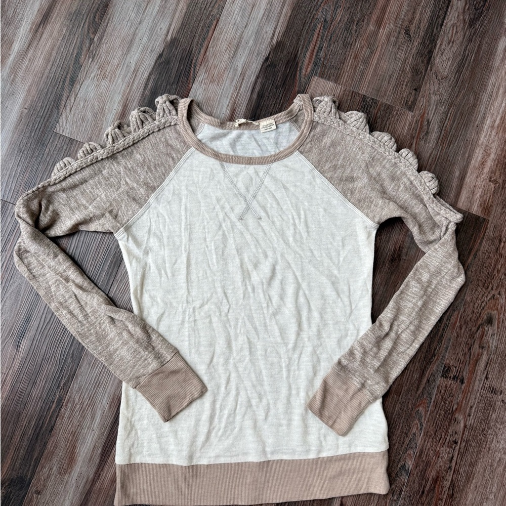 Miss Me Beige and Cream Ruffle Sleeve Top
